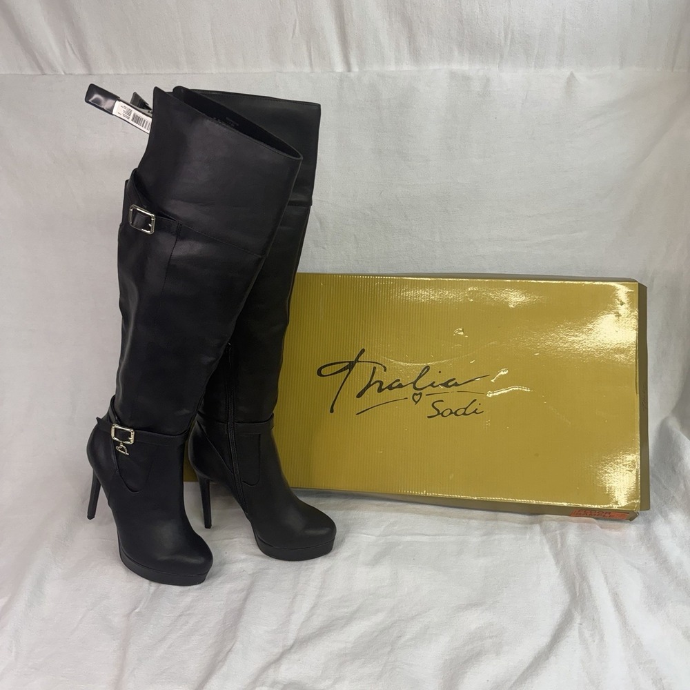 Thalia Sodi Carula Over The Knee Platform Stiletto Boot Black Faux Leather 7.5